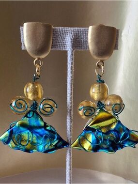 Rare Blue & Gold Glass Dangle Clip-on Earrings